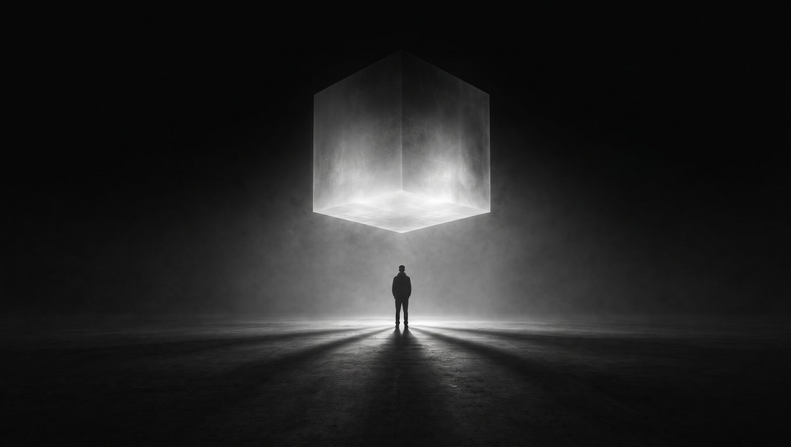 Professionista di fronte a un grande cubo luminoso, metafora dell'AI più utile per un professionista